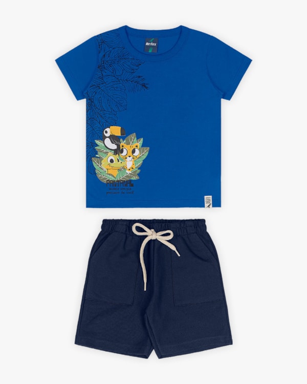 Conjunto Infantil Masculino Camiseta Estampa Pantanal e Bermuda- ReiRex - Azul