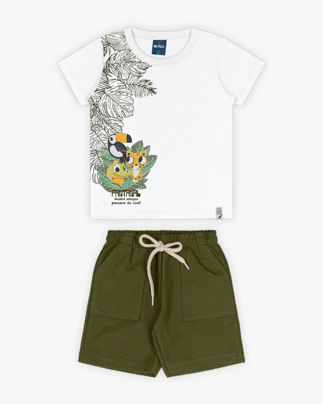 Conjunto Infantil Masculino Camiseta Estampa Pantanal e Bermuda- ReiRex - Branco-1e3fb6ae-c67d-4df7-8a83-b3a72d68b7b8