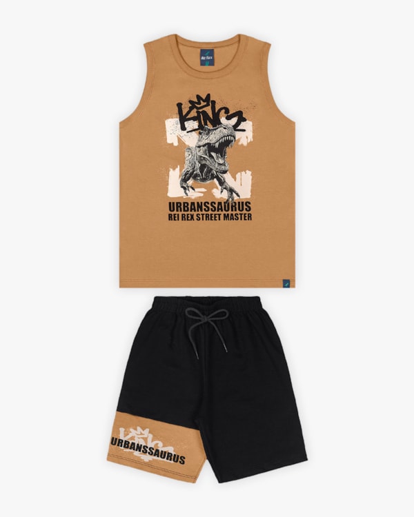 Conjunto Infantil Masculino Regata e Bermuda com Estampa- ReiRex -Marrom