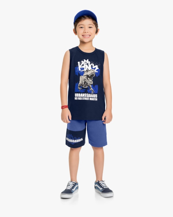 Conjunto Infantil Masculino Regata e Bermuda com Estampa- ReiRex -Mescla