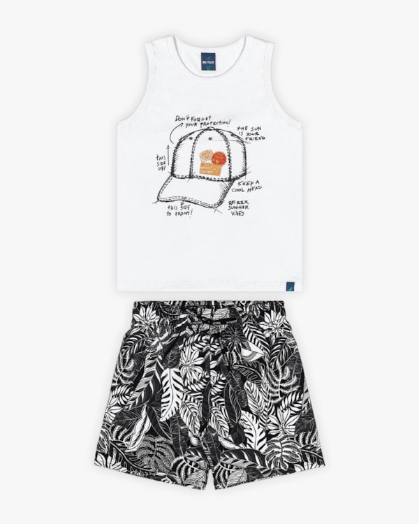 Conjunto Infantil Masculino Regata e Bermuda Estampada - ReiRex - Branco