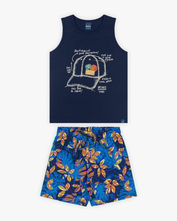 Conjunto Infantil Masculino Regata e Bermuda Estampada - ReiRex - Oxford