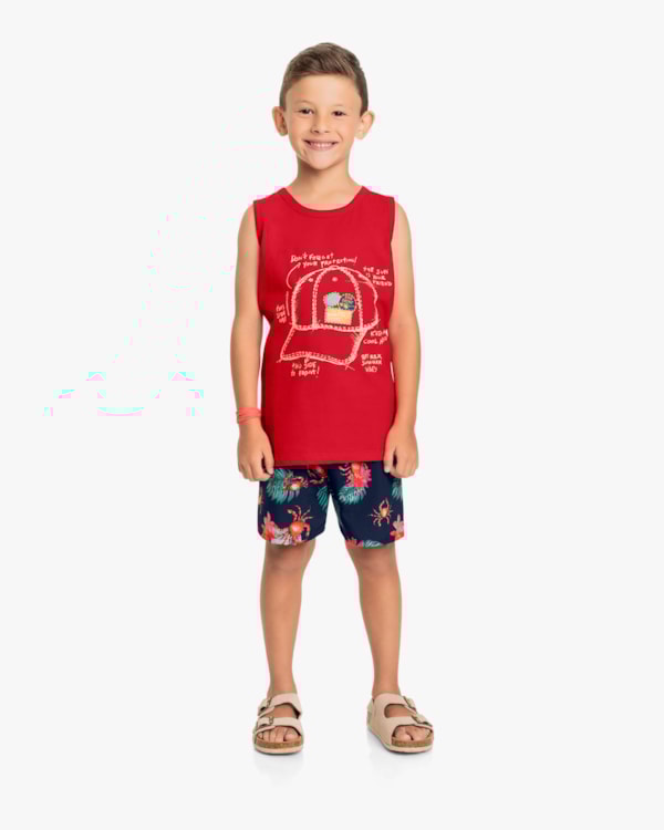 Conjunto Infantil Masculino Regata e Bermuda Estampada - ReiRex - Tomato