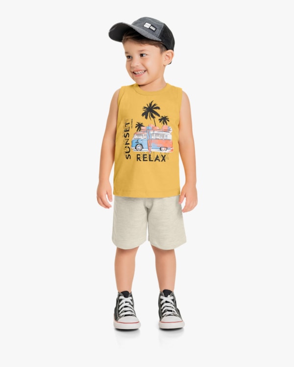 Conjunto Infantil Masculino Regata Estampa Kombi e Bermuda - ReiRex- Mostarda