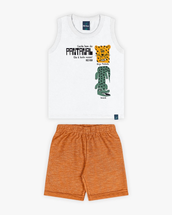 Conjunto Infantil Masculino Regata Estampa Pantanal e Bermuda- ReiRex - Branco