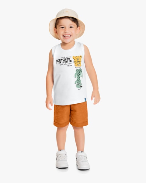 Conjunto Infantil Masculino Regata Estampa Pantanal e Bermuda- ReiRex - Branco