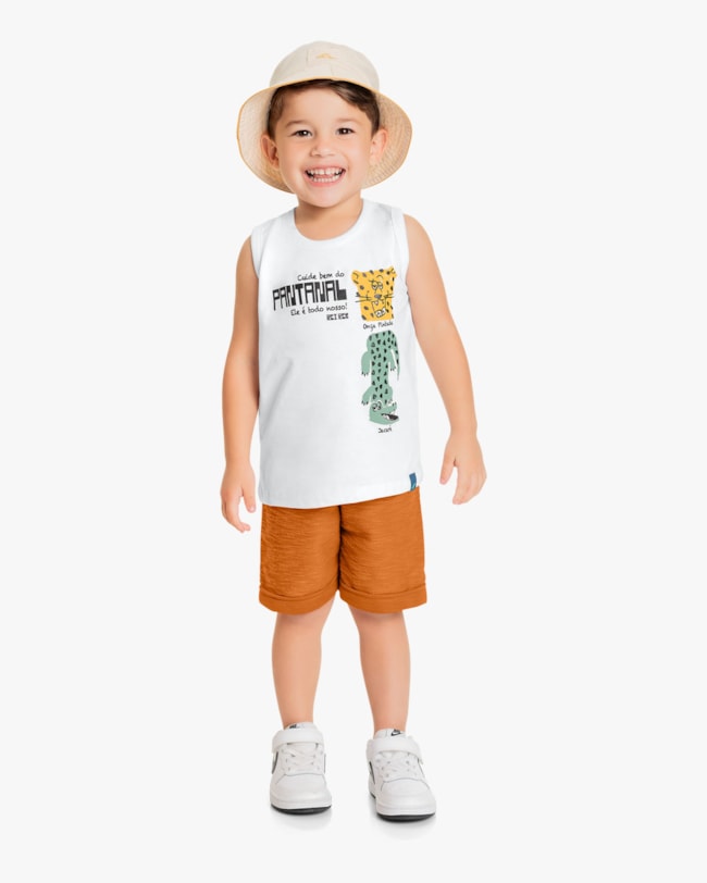 Conjunto Infantil Masculino Regata Estampa Pantanal e Bermuda- ReiRex - Branco-e2cb3896-69db-4cc7-9de7-502e6cd253ec