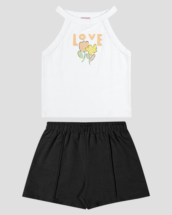 Conjunto Infantil Menina Blusa Canelada e Shorts Kely Kety Branco