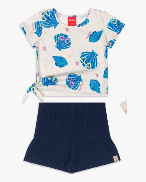 Conjunto Infantil Menina Blusa com Amarração e Shorts - Kely Kety - Creme