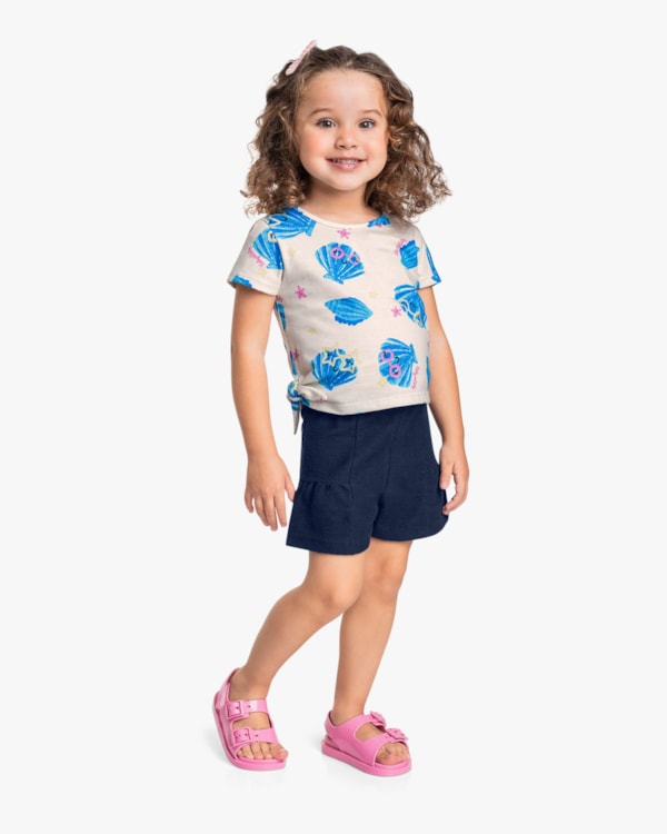 Conjunto Infantil Menina Blusa com Amarração e Shorts - Kely Kety - Creme