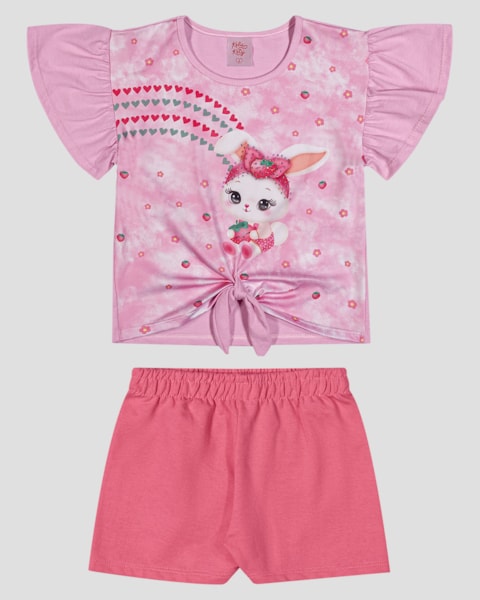 Conjunto Infantil Menina Blusa com Nó e Shorts Kely Kety Rosa