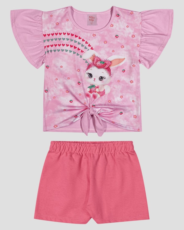 Conjunto Infantil Menina Blusa com Nó e Shorts Kely Kety Rosa