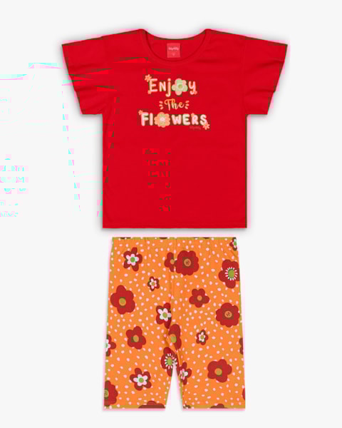 Conjunto Infantil Menina Blusa e Bermuda Estampada - Kely Kety - Tomato