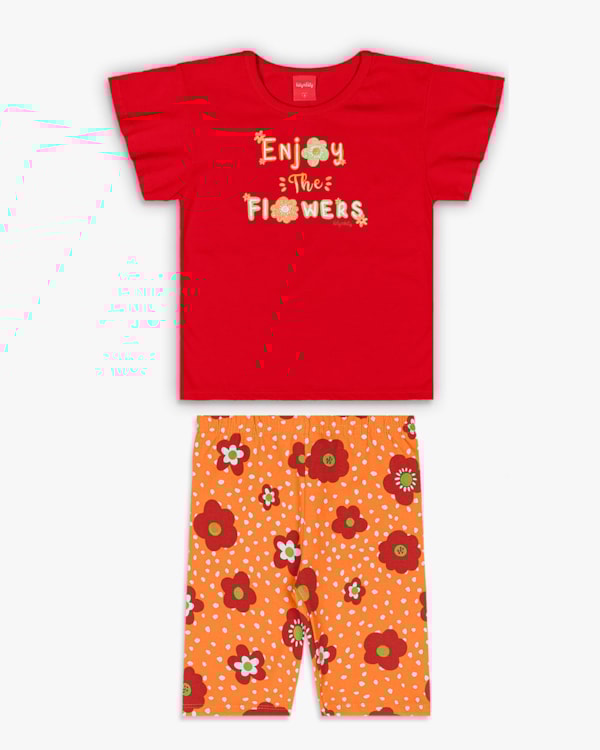 Conjunto Infantil Menina Blusa e Bermuda Estampada - Kely Kety - Tomato