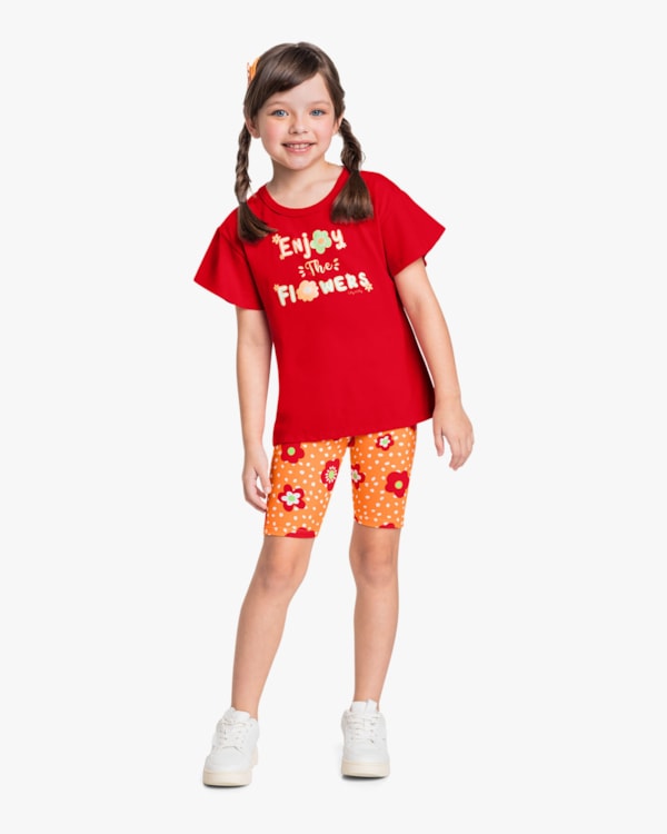 Conjunto Infantil Menina Blusa e Bermuda Estampada - Kely Kety - Tomato