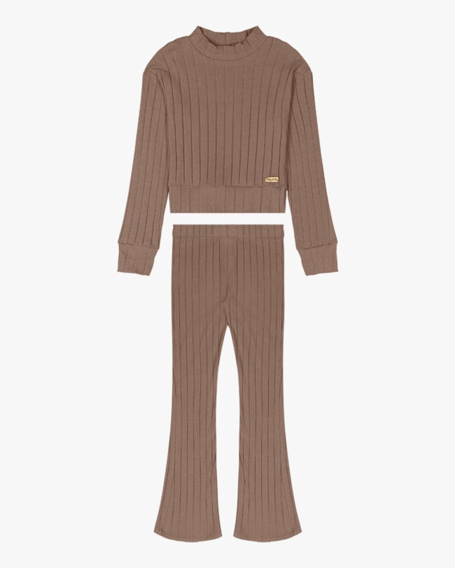 Conjunto Infantil Menina Blusa e Calça Flare Canelado - Kely Kety - Marrom-6101d8c3-d51e-440b-a049-a565faa7c3f6