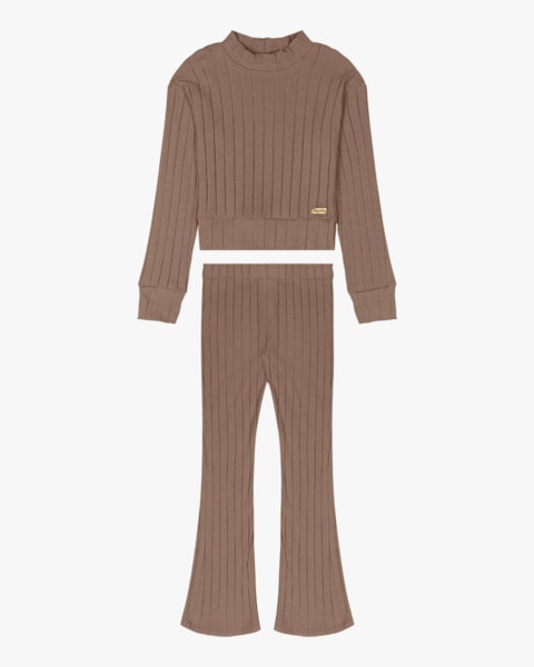 Conjunto Infantil Menina Blusa e Calça Flare Canelado - Kely Kety - Marrom