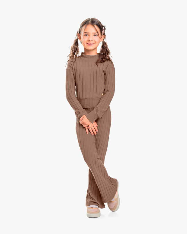 Conjunto Infantil Menina Blusa e Calça Flare Canelado - Kely Kety - Marrom-1021df67-3cfd-4daa-86c2-60dac9e766a1