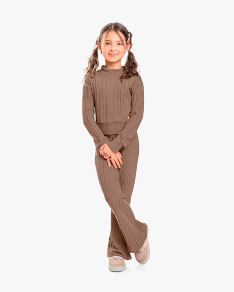 Conjunto Infantil Menina Blusa e Calça Flare Canelado - Kely Kety - Marrom