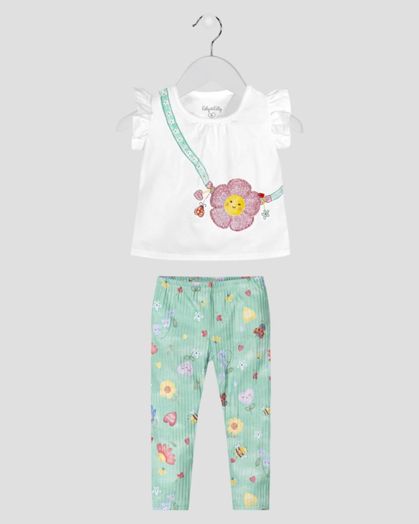 Conjunto Infantil Menina Blusa e Legging Estampada Kely Kety Branco