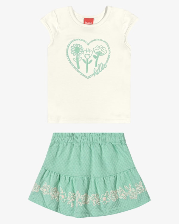 Conjunto Infantil Menina Blusa e Saia com Estampa - Kely Kety - Natural