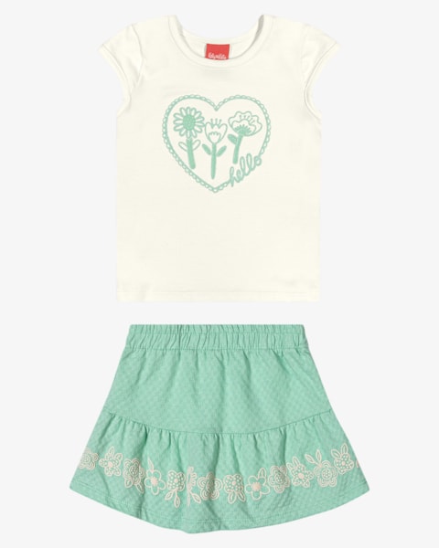 Conjunto Infantil Menina Blusa e Saia com Estampa - Kely Kety - Natural