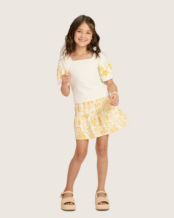 Conjunto Infantil Menina Blusa e Saia Estampada - Kely Kety - Natural