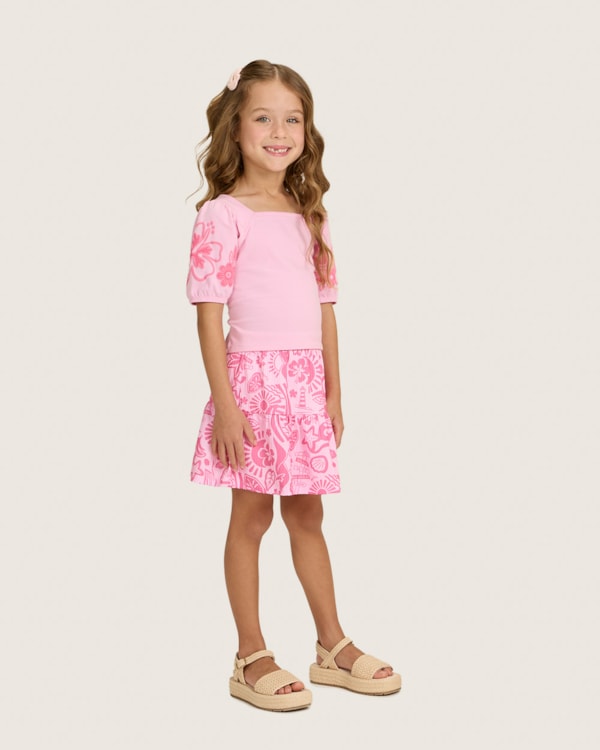 Conjunto Infantil Menina Blusa e Saia Estampada - Kely Kety - Rosa