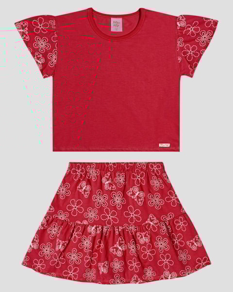 Conjunto Infantil Menina Blusa e Saia Estampada Kely Kety Vermelho