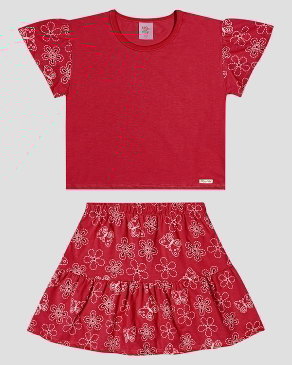 Conjunto Infantil Menina Blusa e Saia Estampada Kely Kety Vermelho