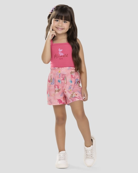 Conjunto Infantil Menina Blusa e Shorts Canelado Kely Kety Rosa