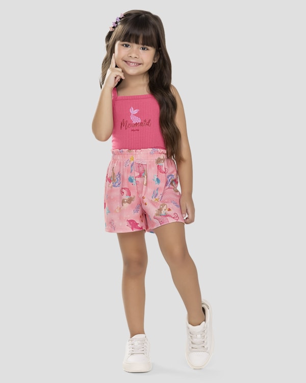 Conjunto Infantil Menina Blusa e Shorts Canelado Kely Kety Rosa