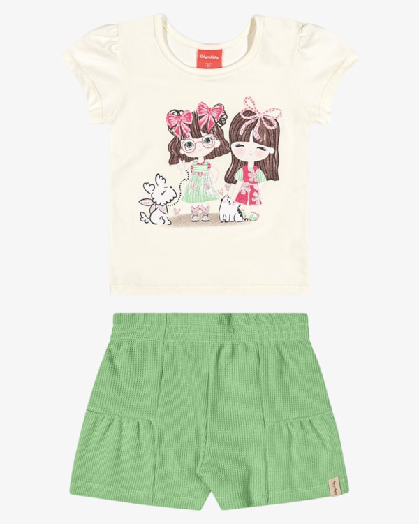 Conjunto Infantil Menina Blusa e Shorts com Babado - Kely Kety - Natural