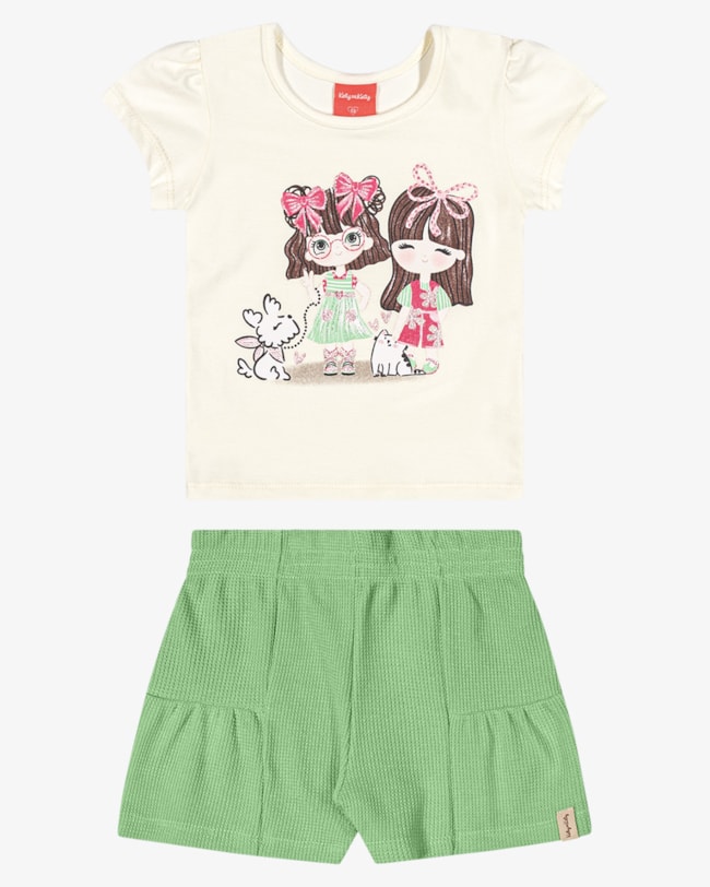 Conjunto Infantil Menina Blusa e Shorts com Babado - Kely Kety - Natural-81e15bf7-2ca0-48ae-9ab0-2d9babe2b027