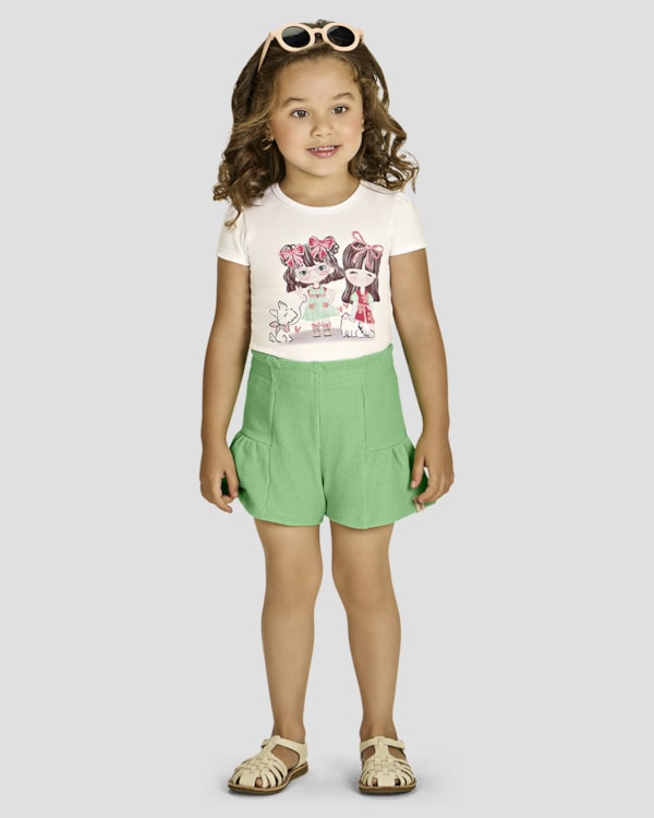 Conjunto Infantil Menina Blusa e Shorts com Babado - Kely Kety - Natural