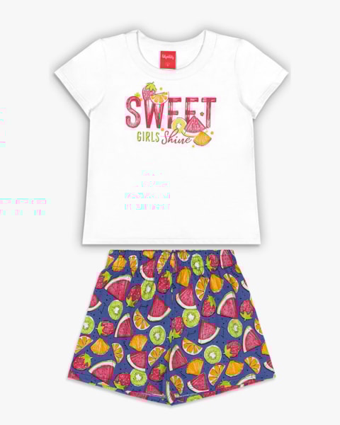 Conjunto Infantil Menina Blusa e Shorts com Estampa - Kely Kety - Branco