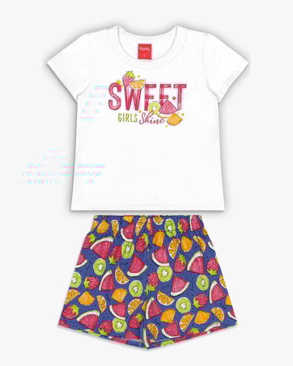 Conjunto Infantil Menina Blusa e Shorts com Estampa - Kely Kety - Branco