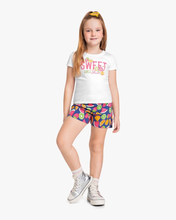 Conjunto Infantil Menina Blusa e Shorts com Estampa - Kely Kety - Branco