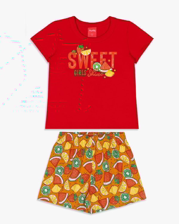 Conjunto Infantil Menina Blusa e Shorts com Estampa - Kely Kety - Tomato