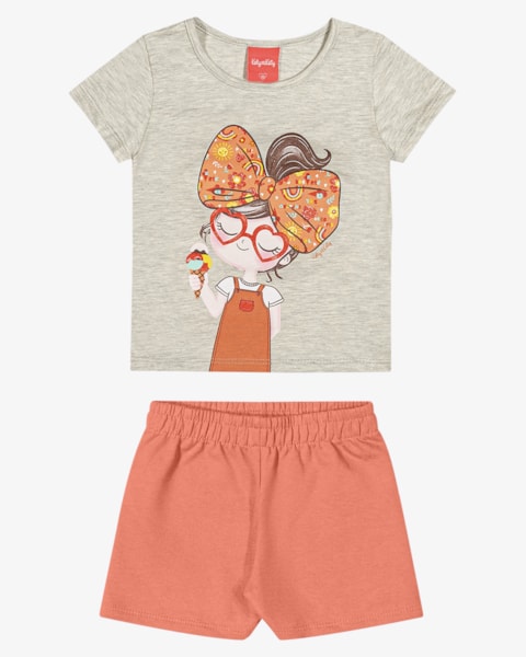 Conjunto Infantil Menina Blusa e Shorts em Meia Malha -Kely Kety - Mescla