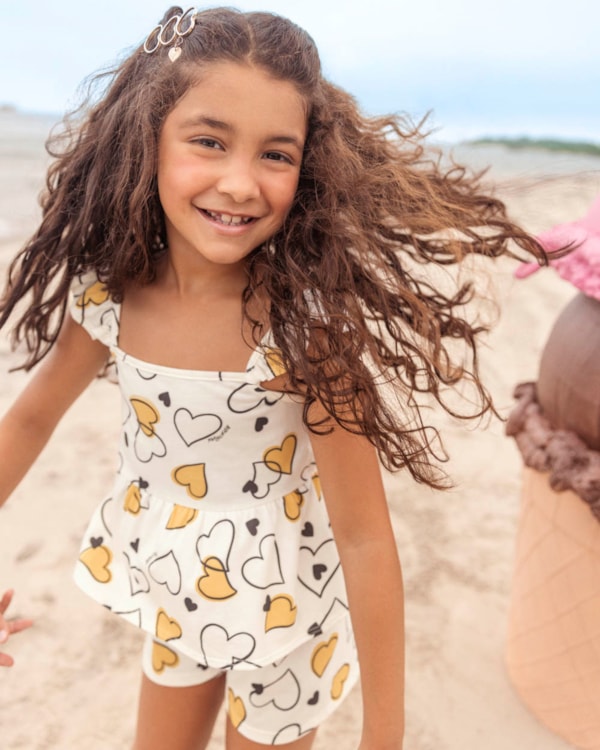 Conjunto Infantil Menina Blusa e Shorts Estampado Kely Kety Branco