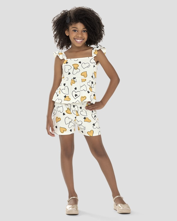 Conjunto Infantil Menina Blusa e Shorts Estampado Kely Kety Branco
