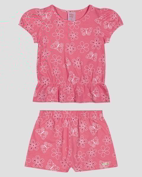 Conjunto Infantil Menina Blusa e Shorts Estampado Kely Kety Rosa