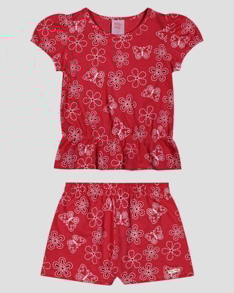 Conjunto Infantil Menina Blusa e Shorts Estampado Kely Kety Vermelho