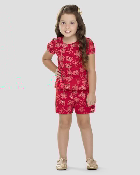 Conjunto Infantil Menina Blusa e Shorts Estampado Kely Kety Vermelho