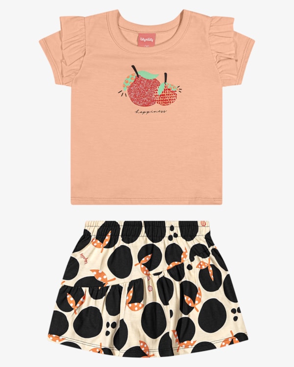 Conjunto Infantil Menina Blusa e Shorts-Saia Estampado - Kely Kety - Salmão