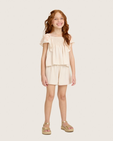 Conjunto Infantil Menina Blusa e Shorts Viscose - Kely Kety - Areia