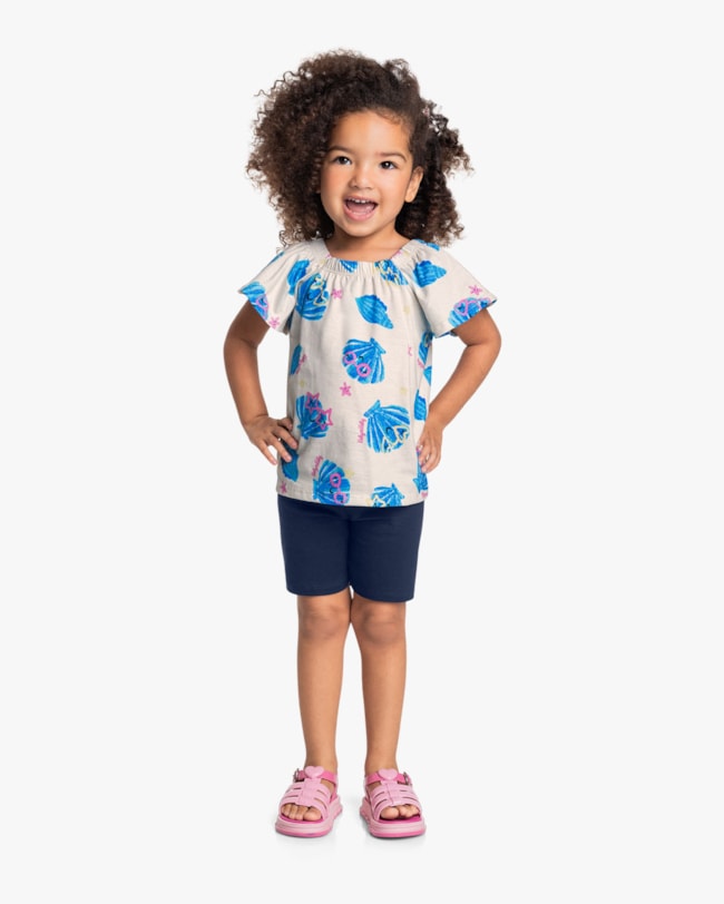 Conjunto Infantil Menina Blusa Estampada e Bermuda - Kely Kety - Creme-06e90557-5a5d-4b7b-9f21-1b29c32ef9cd