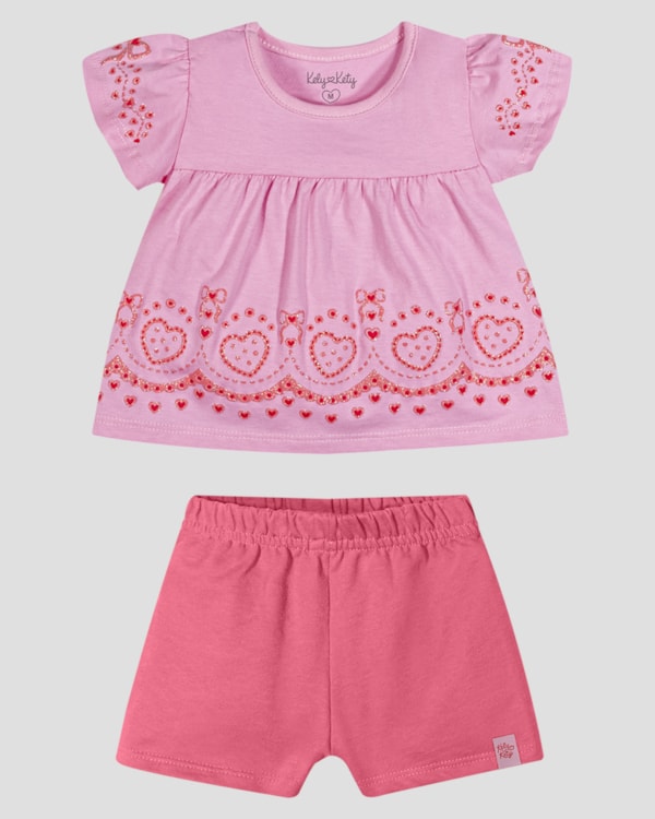 Conjunto Infantil Menina Blusa Estampada e Shorts Kely Kety Rosa