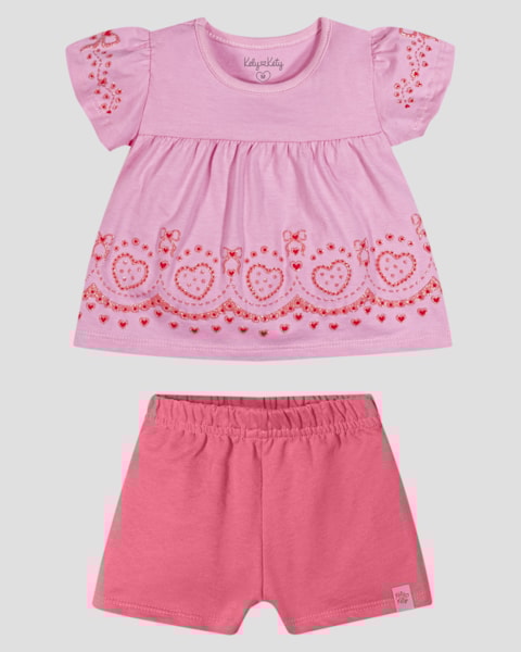 Conjunto Infantil Menina Blusa Estampada e Shorts Kely Kety Rosa